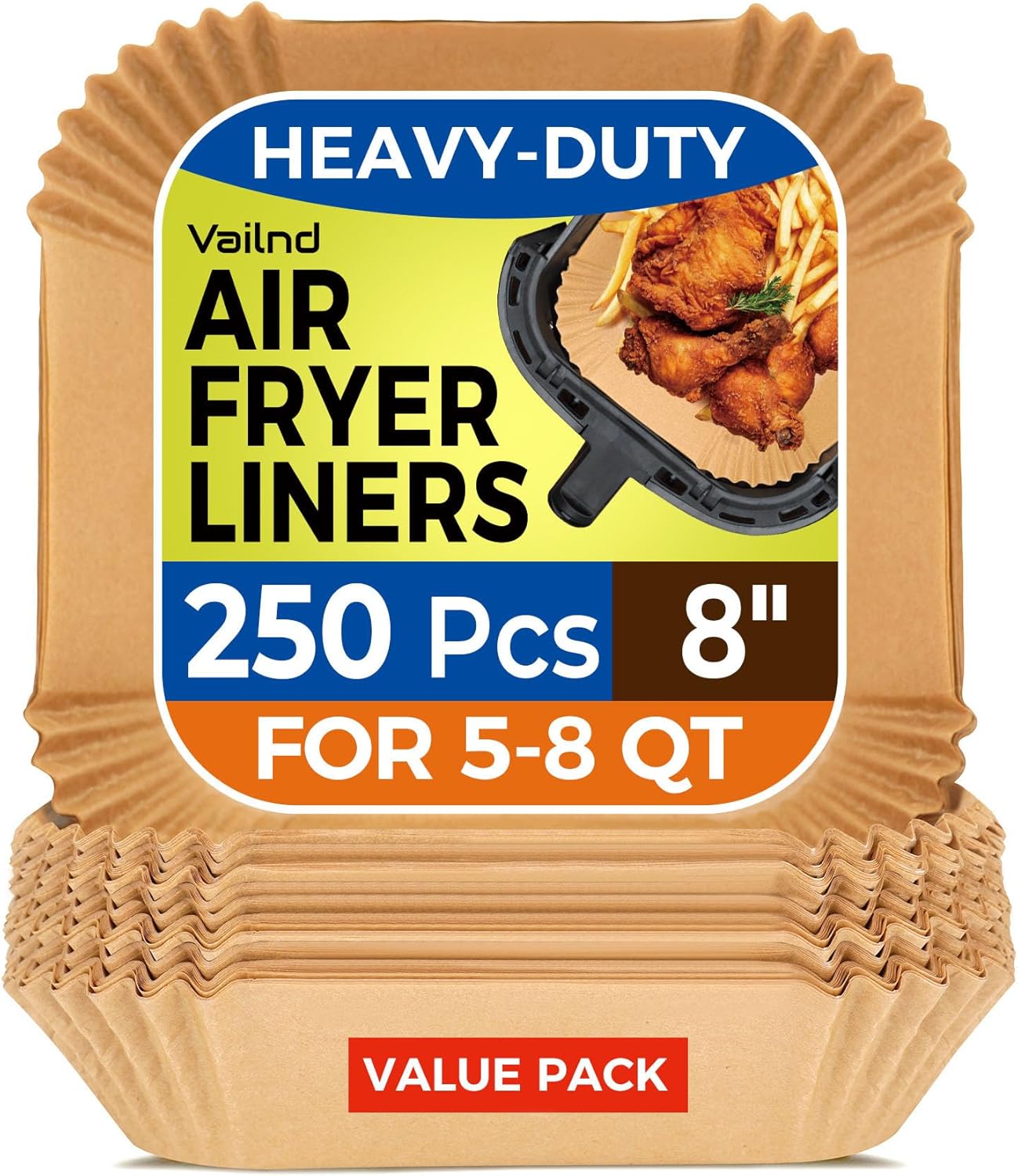 250 Pcs 8" Square Air Fryer Liners Disposable, Unbleached Parchment Paper Liners for Airfryer Basket, Non-Stick & Leakproof Baking Paper for Oven Roasting