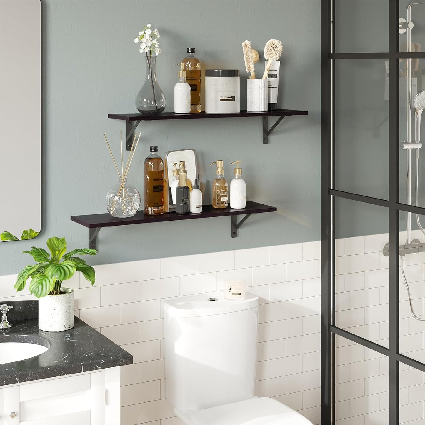 DINZI LVJ Long Wall Shelves, 23.6 Inch Wall Mounted Shelves Set of 2, Easy-to-Install, Wall Storage Ledges with Sturdy Metal Brackets for Living Room, Bathroom, Bedroom, Kitchen, Espresso