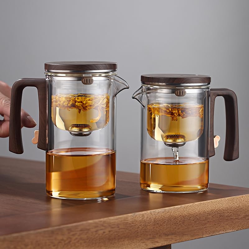 Enchanti Magic Tea Pot, 720ML Water Separation Glass Teapot with Wooden Handle, Press Control Enchanti Tea Infuser with Strainer for Loose Tea Witchcraft Tea Kettle