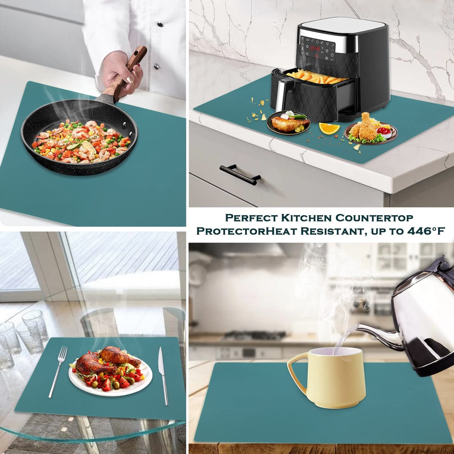 Extra Large Dark Green Countertop Mat - Silicone Table Kitchen Desk Mat - Non-Slip & Heat Resistant - Dinner Placemat Pastry Dough Rolling Mat