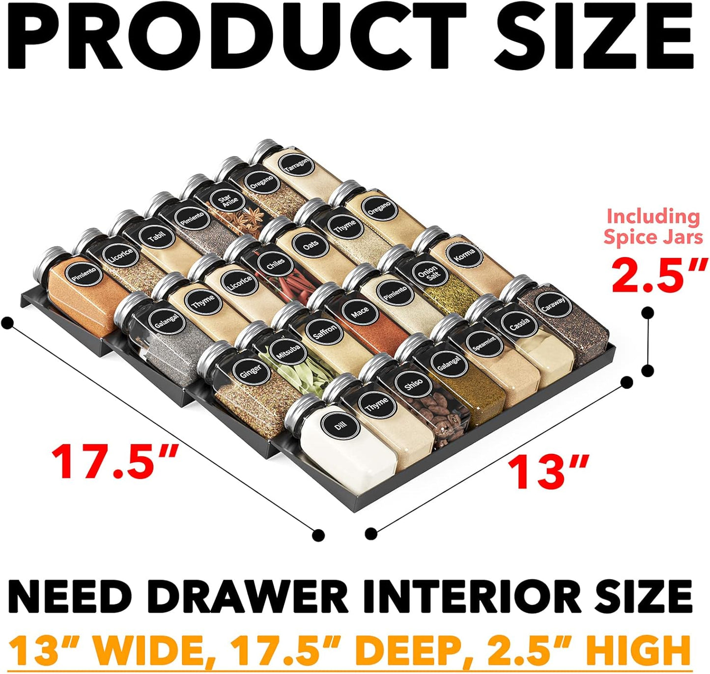 SpaceAid Spice Drawer Organizer with 28 Spice Jars, 386 Spice Labels, 4 Tier Seasoning Rack Tray Insert for Kitchen Drawers, 13" Wide x 17.5" Deep