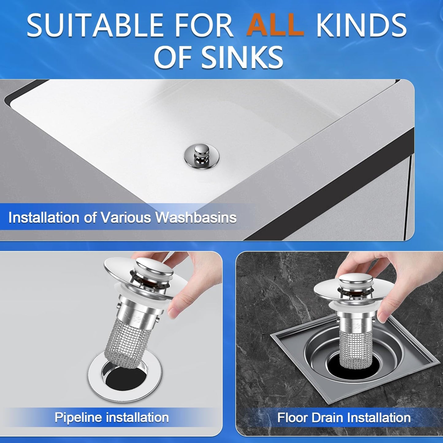 Sink Stopper Hair Catcher, Pop-up Sink Drain Strainer with Removable Stainless Steel Strainer Basket Hair Catcher, Bathroom Sink Strainer for Bathroom Sink Stopper Replacement (4PCS)