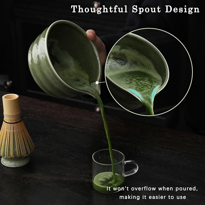 Matcha Set, Matcha Bowl with Spout, Matcha Whisk and Holder, Bamboo matcha Scoop and Stainless Sifter - 5 Pcs Jade Green Matcha Set Kit for Matcha Lover