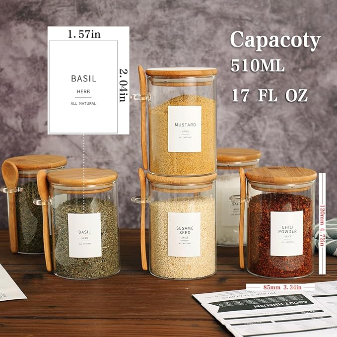 HHMJSM 6 Pcs Glass Jar with Bamboo Lid and Spoon - 17 oz Large Sugar Container with 148 Kitchen Pantry Spice Jar Labels Preprinted - Glass Containers with Wooden Lids Hold Coffee, Tea, Candy