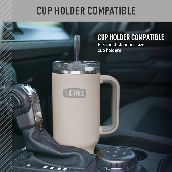 THERMOS Stainless Steel Cup Holder Mug - 40 Ounce, Sandstone - Insulated Tumbler with Lid and Straw, Plus Leak-Resistant Slide Lock