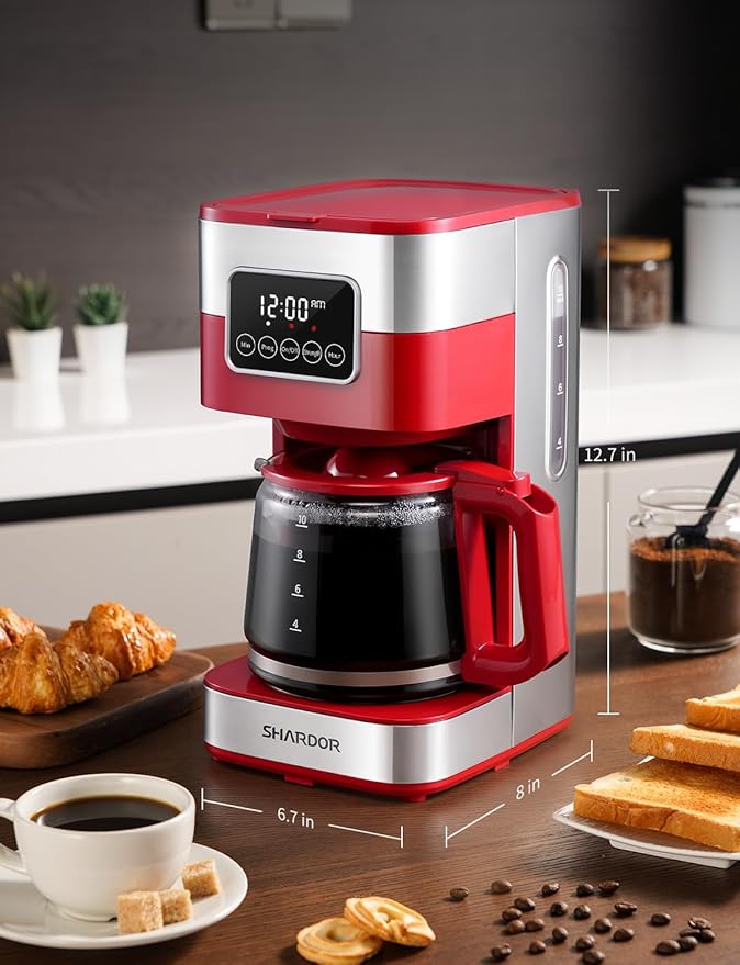SHARDOR 10-Cup Programmable Coffee Maker, Regular & Strong Brew Drip Coffee Machine for Home and Office, Auto Shut Off, Permanent Filter (red)
