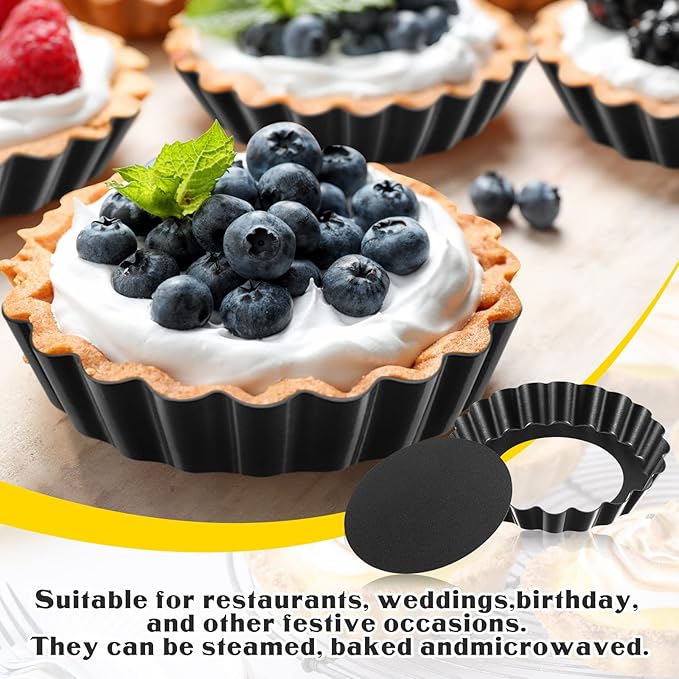 Tessco 16 Pieces Mini Tart Pans with Removable Bottom Nonstick Quiche Mini Pie Tart Pans Bakeware Mold Fluted Side for Pies(Black Gray Round,4 Inch)