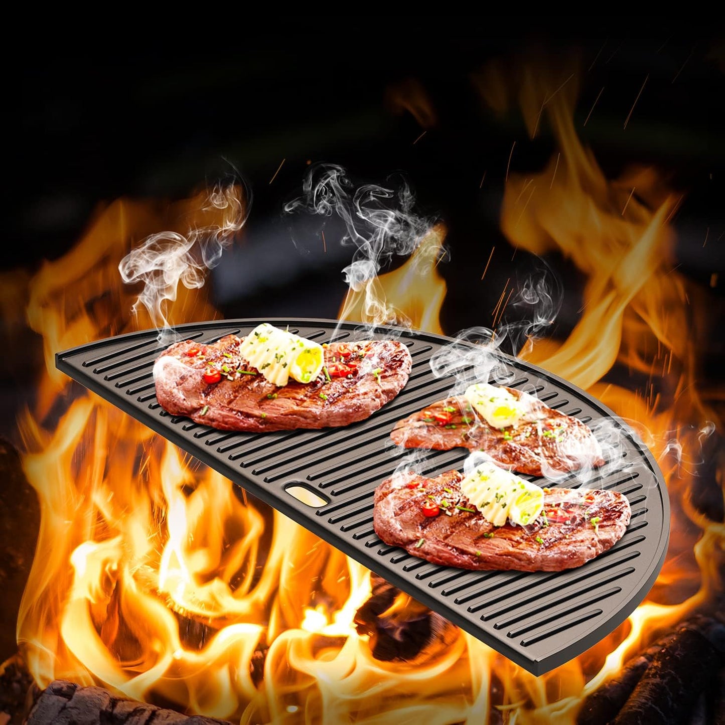 18" Half Moon Cast Iron Reversible Griddle for Kamado Joe KJ-23RHC Classic II, KJ23NRHCI Classic III, KJ23RH Classic I, Stand-Alone Classic, Large Big Green Egg, Kamado Grill Replacement Part