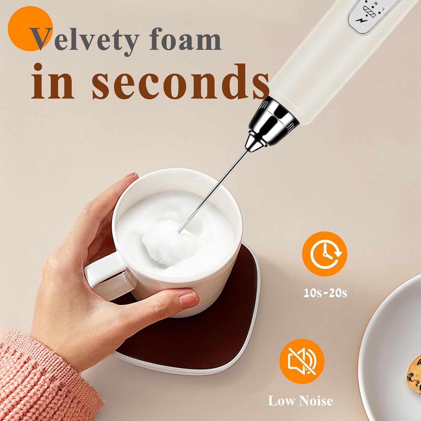 Milk Frother Handheld Rechargeable with Stand, Frother Wand Drink Mixer Electric Whisk for Coffee, Detachable With 3 Stainless Whisks, Hand Mixer for Lattes, Cappuccino, Matcha, Egg, Beige