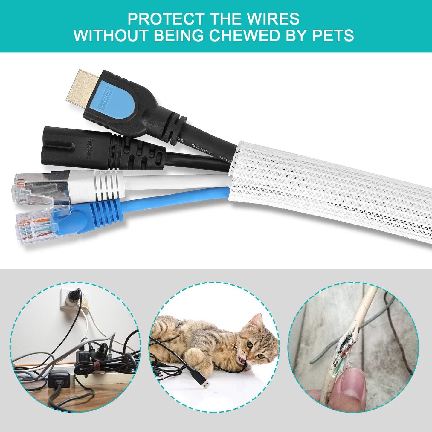 6.6ft - 2/3 inch White Cable Sleeve, Cable Organizer for Desk PC TV Computer, Wire Protector Cable Wrap Cover, Cord Management for Home Office
