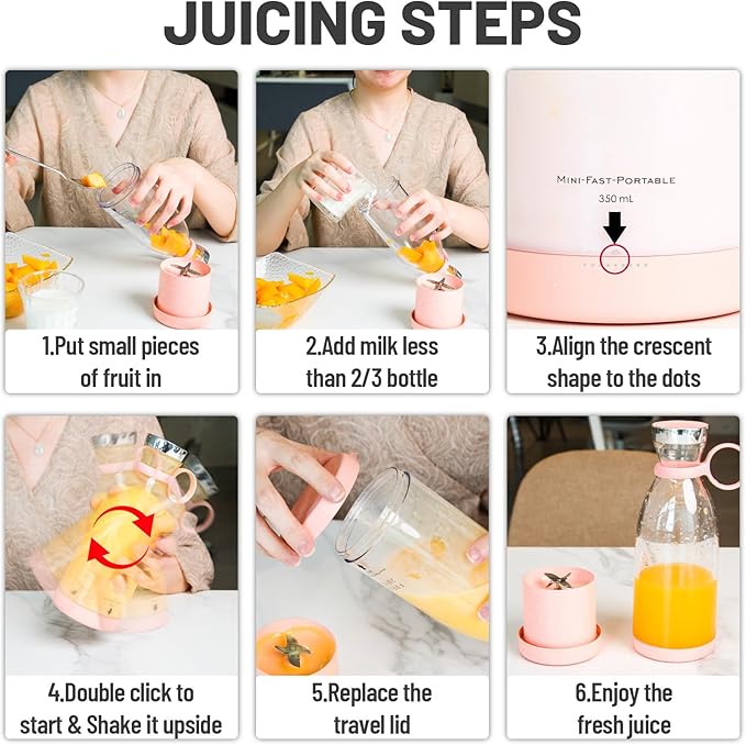 OTPEIR Portable Blender for Shakes and Smoothies with 11.83 Oz Travel Cup and Lid,Durable Stainless Steel Blades for Juice Blending Performance, Pink