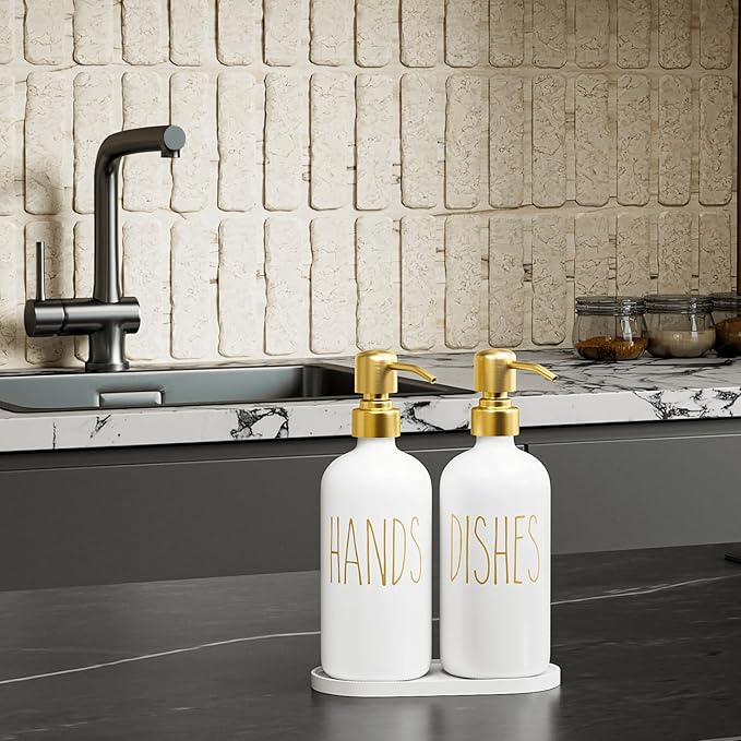 MOMEEMO Kitchen Soap Dispenser Set, Contains Dish and Hand Soap Dispenser, Suitable for Kitchen Counter Decor. (White)