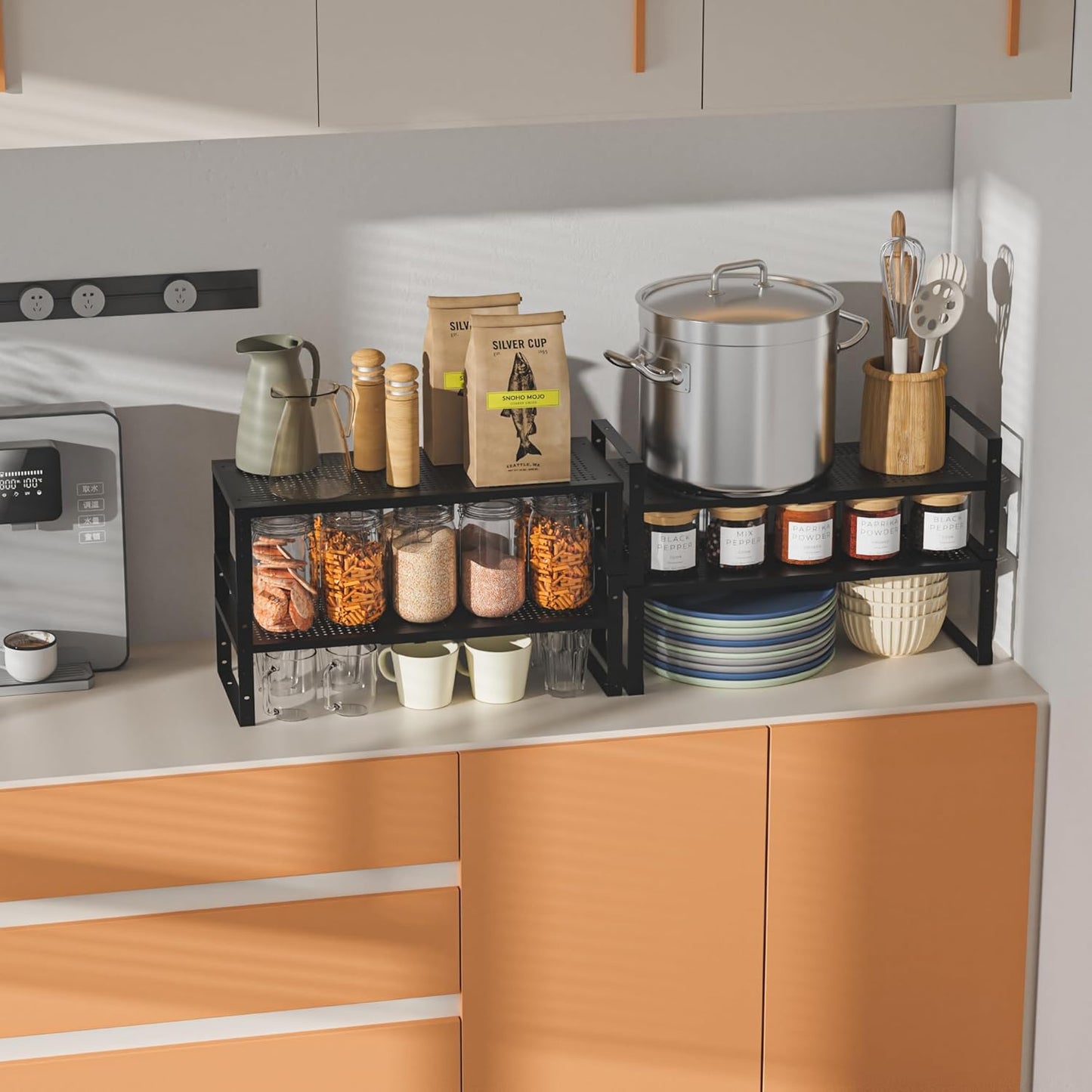 Expandable,Adjustable & Stackable Spice Rack, Cabinet Kitchen Countertop Shelf Organizer,Metal Pantry Storage Shelves - Space-Saving Storage Solution(2Packs/Black/Large)