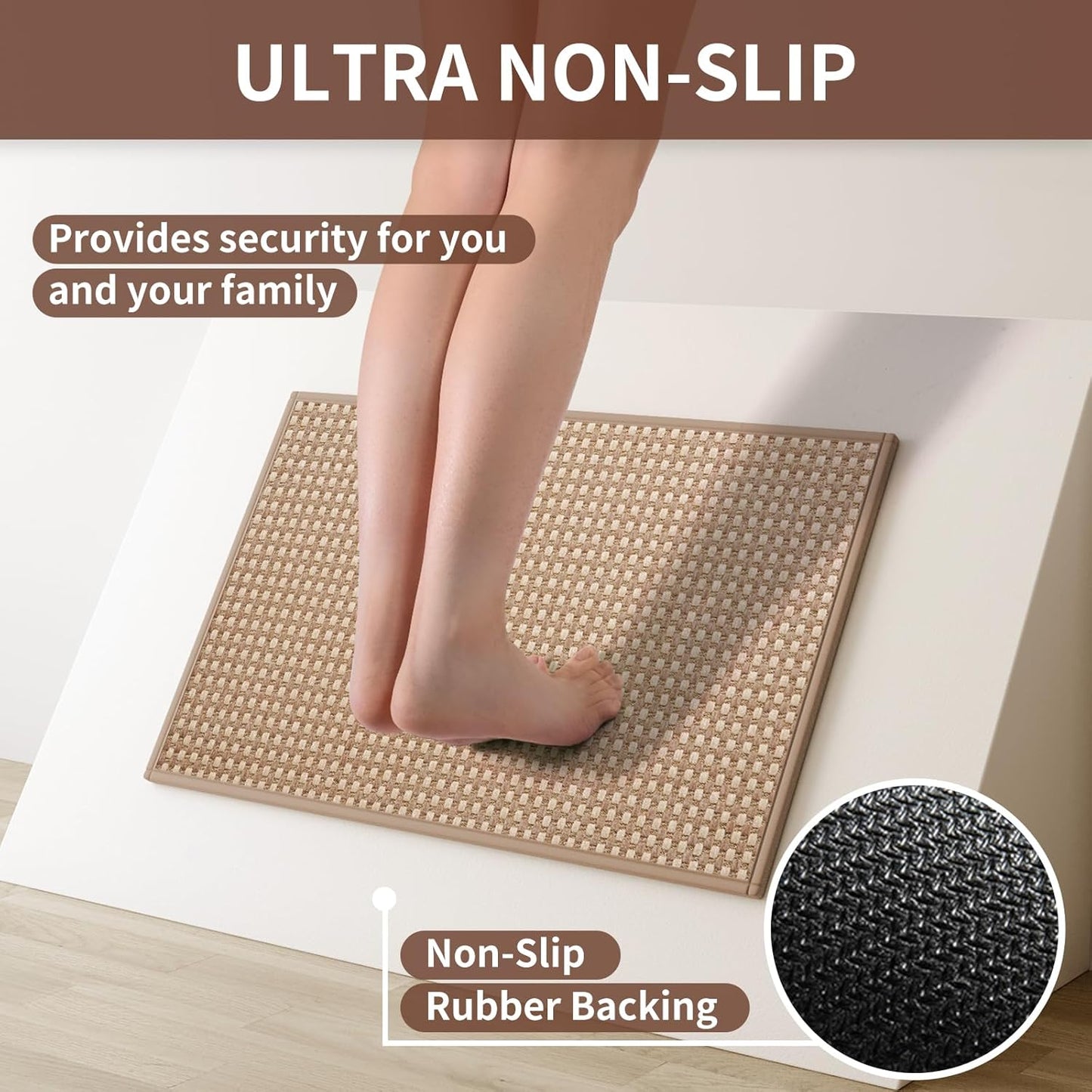 Kitchen Rugs Non Slip Washable, Rubber Backing Soft Chenille Braided Kitchen Mats for Floor, Super Absorbent Kitchen Runner Rug Standing Mat Sink Mat, Easy to Clean, Brown 17"x47"