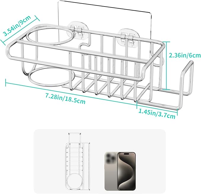 HapiRm 4 in 1 Sink Caddy Sponge Holder, SUS304 Stainless Steel Kitchen Brush Holder + Dish Cloth Hanger + Soap Rack + Sink Stopper Rack + Sponge Caddy for Kitchen - Silver