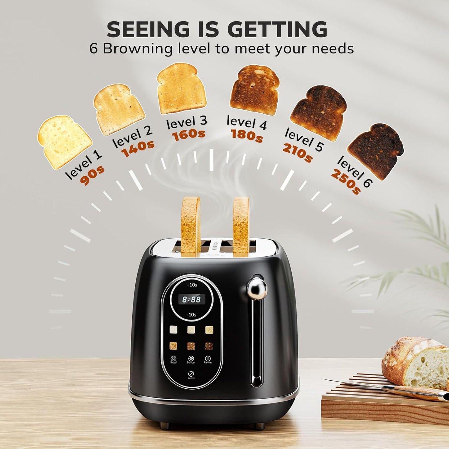 Keenstone Smart Touch Screen Toaster 2 Slice, Retro Wide Slot Stainless Steel Toaster with 6 Browning Levels, Reheat & Defrost, for Bagel, Toast, Bread, Removable Crumb Tray, Black