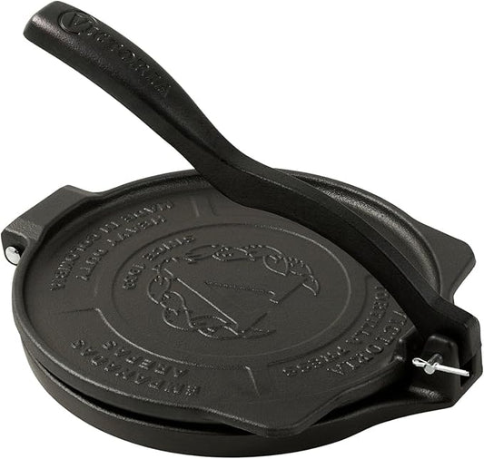 Victoria 8-Inch Cast Iron Tortilla Press HD Spherrous, Commercial-Grade Cast Iron Tortilla Maker, Roti Press, Pataconera Seasoned with Flaxseed Oil, Made in Colombia, Black