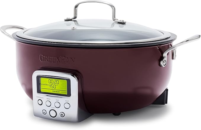 GreenPan Elite Essential Smart Electric 6QT Skillet Pot,Sear Saute Stir-Fry and Cook Rice, Healthy Ceramic Nonstick and Dishwasher Safe Parts, Easy-to-use LED Display, PFAS-Free, Fantasy Fig
