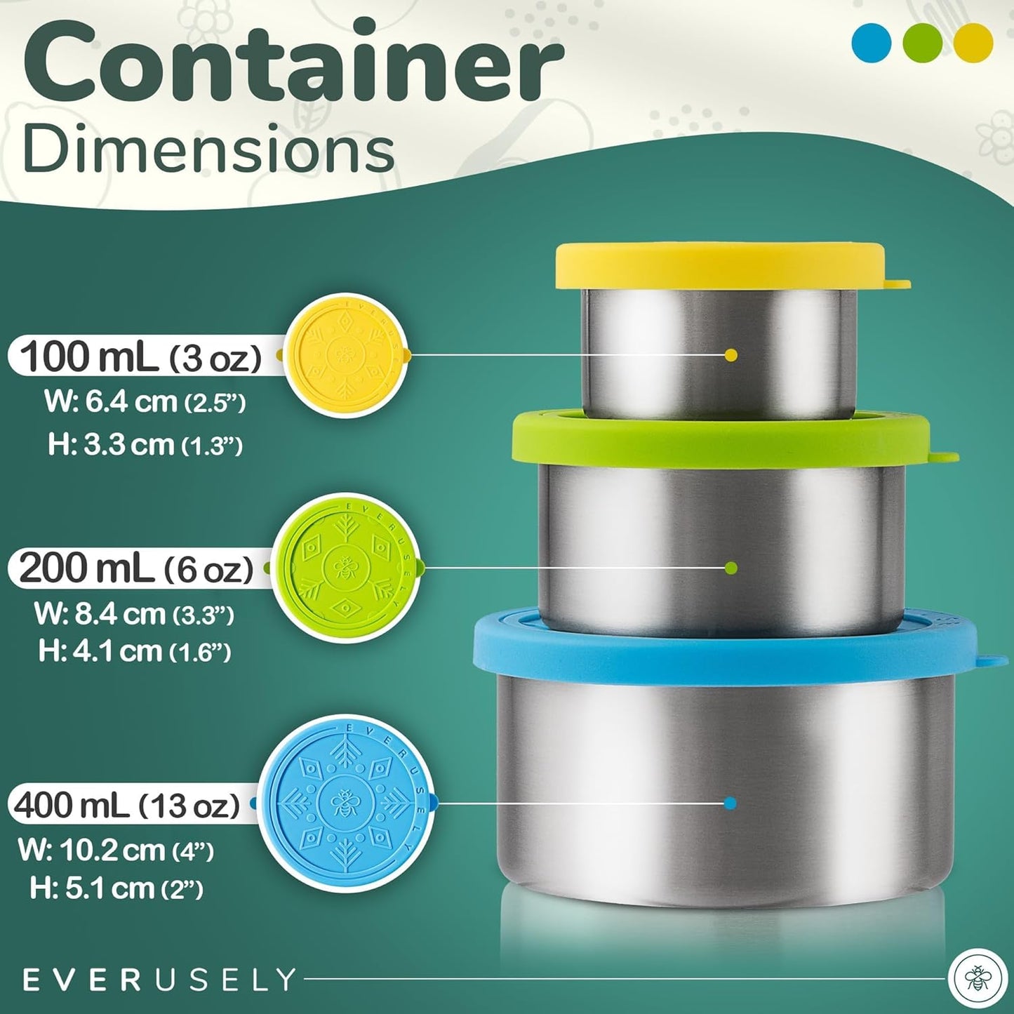 Everusely - Stainless Steel Food Containers - 3 Pack, Summer - Lunch Box - Snack Containers for Office, Home Food Storage - Leakproof with Silicone Lids - Dishwasher & Freezer Safe