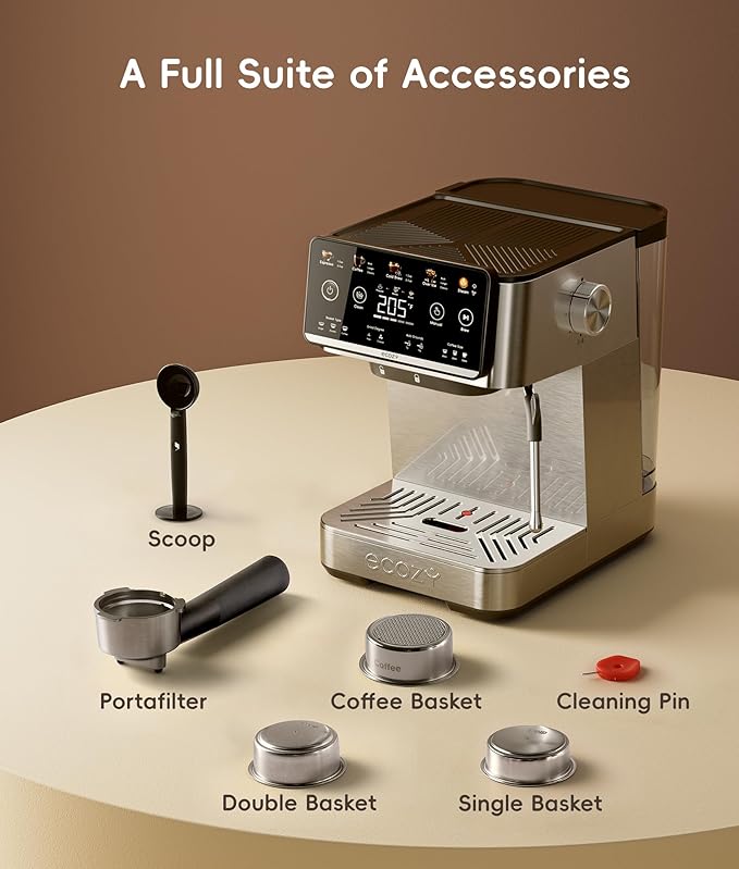 ecozy 4-in-1 Espresso Machine and Coffee Maker Combo with Milk Frother, All in One with Cold Brew & Over Ice, Interactive Touch Screen, Brezzano Elite Series for Cappuccinos, Lattes, Americanos