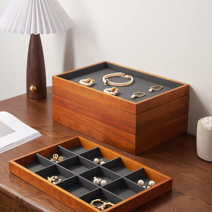 Oirlv Solid Wood Jewelry Tray Ring Earring Display Showcase Jewelry Organizer