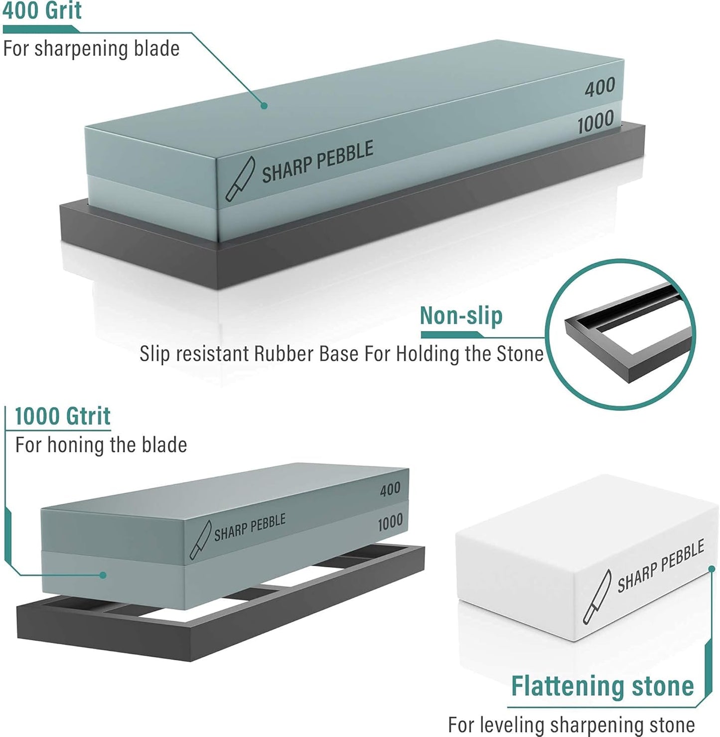 Sharp Pebble Knife Sharpening Stones Kit with 400/1000 and 3000/8000 Grit with Flattening Stone
