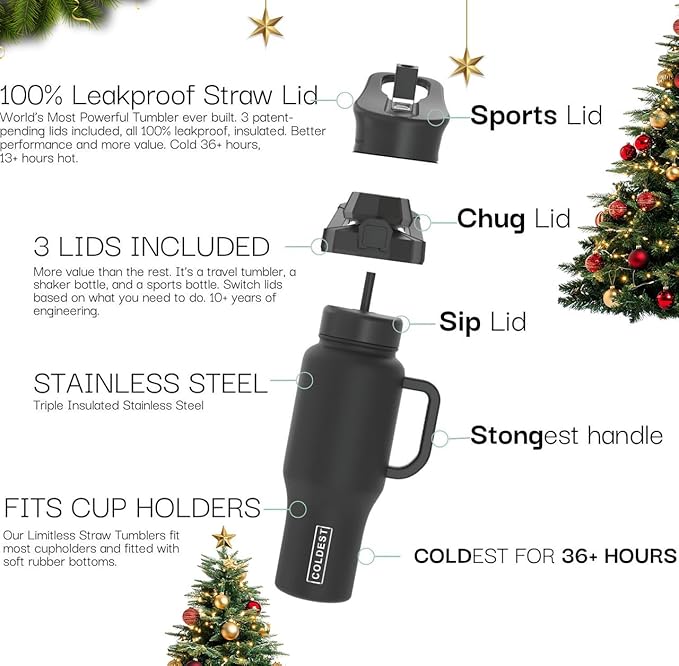 Coldest Tumbler with Handle and Straw - 100% Spill Proof Tumbler with Straw (3 Lids) - Stainless Steel Insulated Leakproof Tumblers for Women & Men - 36 oz (Turtly Green)