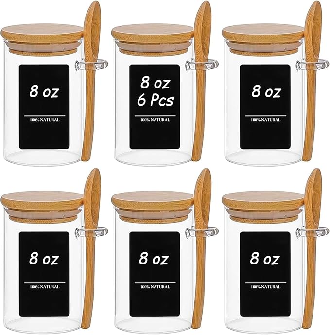 ComSaf Spice Jars with Spoon 8 oz 6Pack, Small Spice Containers Starter Set, Glass Seasoning Jars with Labels, Round Seasoning Containers for Salt, Pepper, Chili Powder, Sugar, Loose Tea Storage