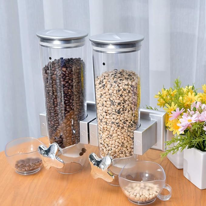 Milky House Food Dispensers Wall Mount, 2 Pack Dry Cereal Dispenser, Convenient Storage Dual Control for Cereal Nuts, Coffee Beans Trail Mix Candy Oatmeal Rice Pasta Candy Container, Cereals Bank 3L