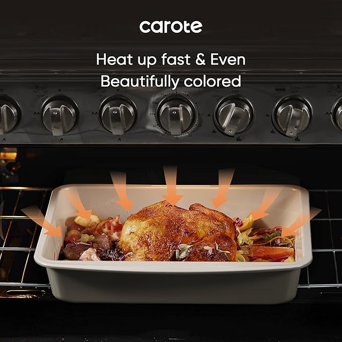 CAROTE 7-Piece Nonstick Stackable Baking Pans Set - Bakeware Sets Including Cookie Sheets for Baking, Muffin Pan, Bread Pan, Cake pan, Loaf Pan, Roasting Pan, Gray & Khaki