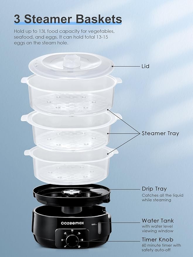 13.7QT Electric Food Steamer for Cooking, Vegetable Steamer with 3 Tiers BPA-Free Baskets, 800W Fast Simultaneous Cooking, 60-Minute Timer, Ideal for Veggies Seafood Rice