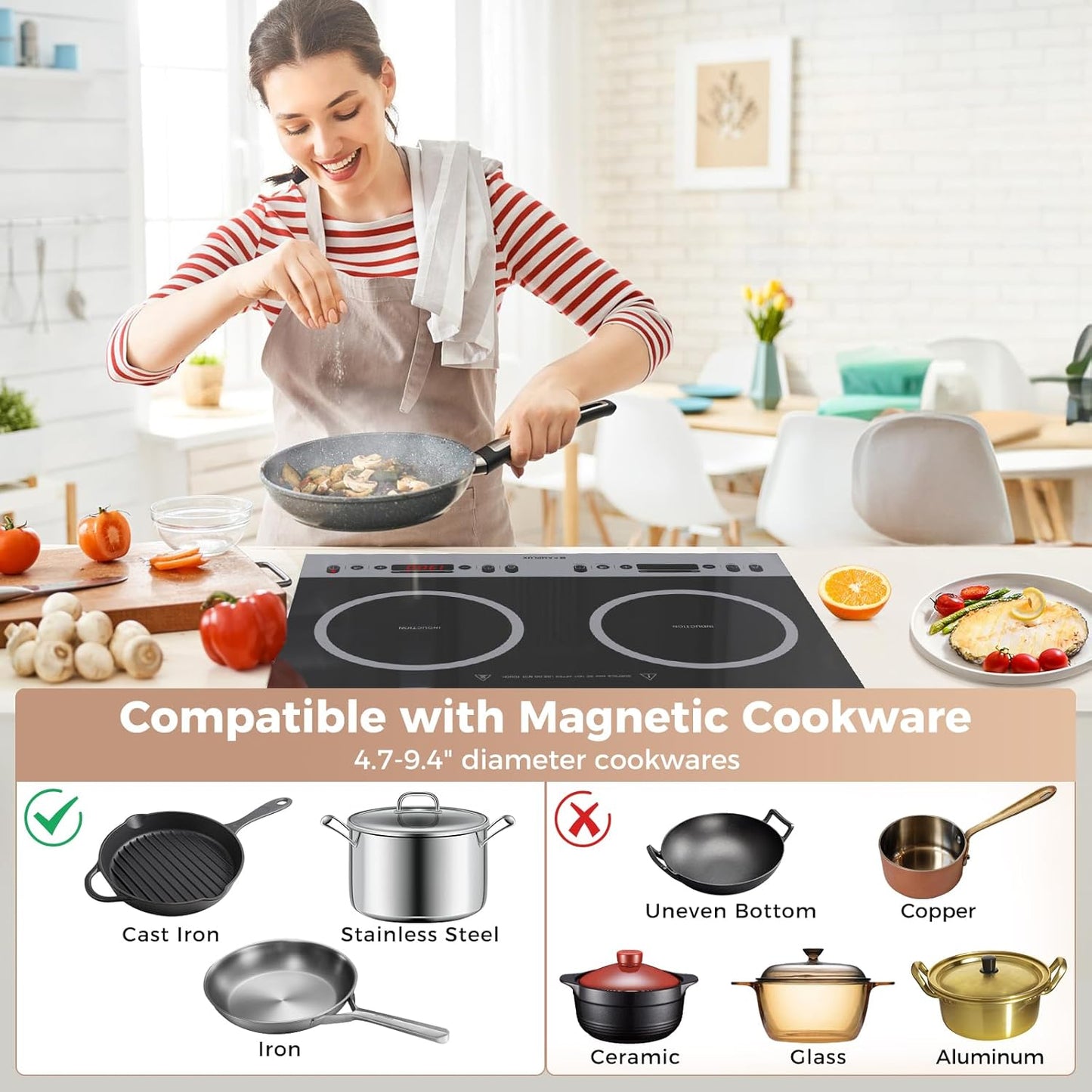 CAMPLUX RV Induction Cooktop 2 Burners 1800W, Electric Cooktop 120V Plug in, Portable Induction Stove with Sensor Touch, Timer, Safety Lock, Countertop/Built-in for RV, Mini Kitchen or Apartments