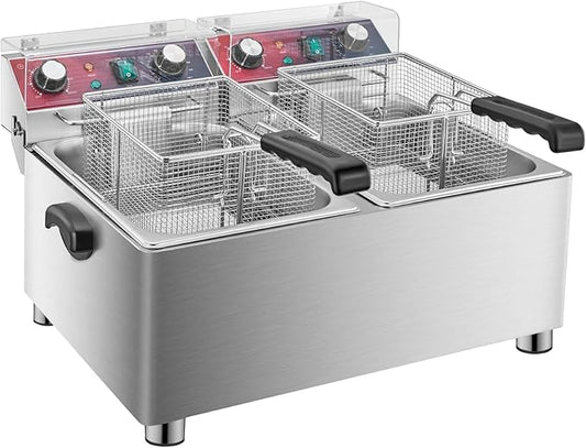 Mvegoiuok Commercial Double Deep Fryer With 2 Basket large deep fryer 3600W Electric Oil Fryer Pot for Home Use 25QT Fish Fryer With Oil Filtration Stainless Steel Frier