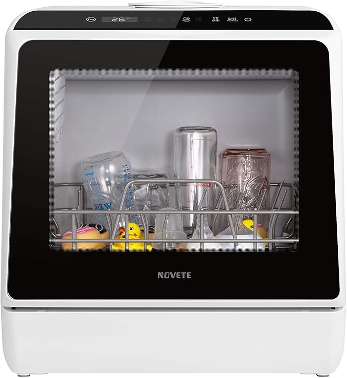 NOVETE Portable Countertop Dishwashers, Compact Dishwashers with 5L Built-in Water Tank & Inlet Hose, 5 Washing Programs, Baby Care, Air-Dry Function and LED Light for Small Apartments