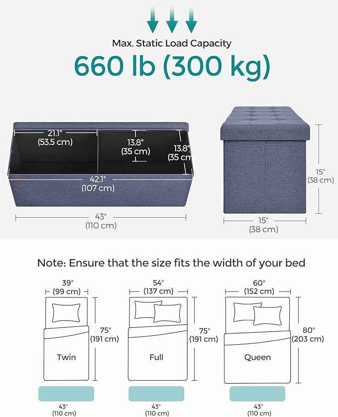 SONGMICS MAZIE Collection - 43 Inches Folding Storage Ottoman Bench, Ottoman Foot Rest, End of Bed Bench, Storage Chest, Load 660 lb, for Living Room, Bedroom, Entryway, Misty Blue ULSF077Q01