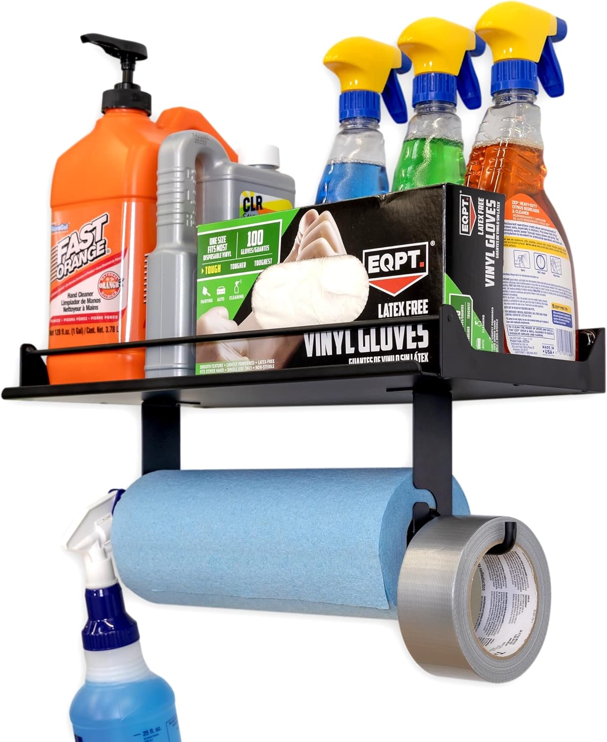 StoreYourBoard Paper Towel Holder Wall Mount with Garage Shelf – Heavy Duty Garage Wall Shelving and Utility Shelves for Workshop Organizers, Paper Towel Storage, & Shelf Use - Black