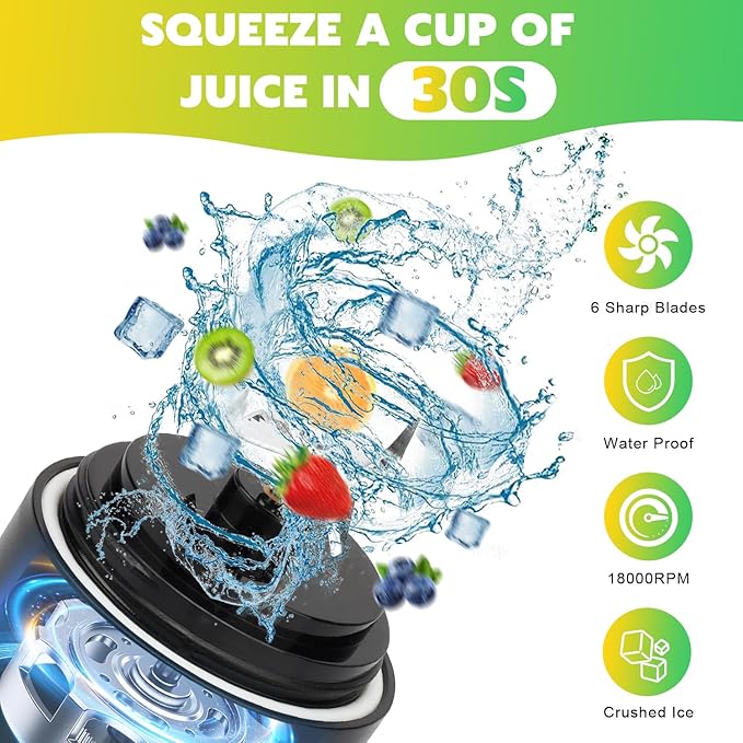 Portable Blender Personal Juicer for Shakes and Smoothies - 20 OZ Electric Protein Shaker Bottle with Insulated Sleeve, Travel Lid, USB-C Rechargeable - Mini Small Blender Cup for Kitchen, Office, Gym