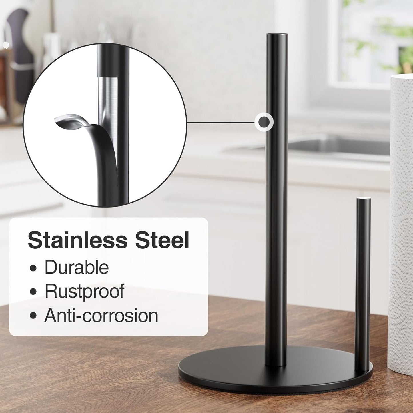Paper Towel Holder Black, Premium Stainless Steel Kitchen Roll Dispenser, Countertop Roll Organizer with Weighted Base