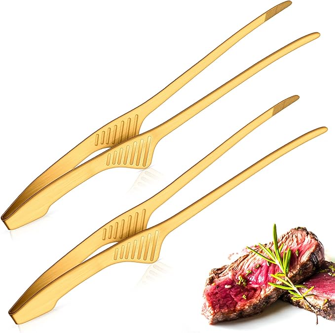 Patelai Korean and Japanese BBQ Tongs Non Slip Cooking Utensils Stainless Steel Tongs for Serving Food, Salad, Camping, Barbecue, Buffet, Oven with Support Stand(Gold,2 Pieces)