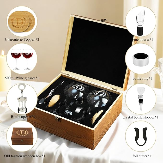 GZLDGIFTS Personalized Initial Wine Glasses Box Gift Set For Women Mom Engraved Birthday Monogrammed Wooden Christmas Gifts Wedding Anniversary Wine Couples Stopper Opener Initial Letterr (D Set)