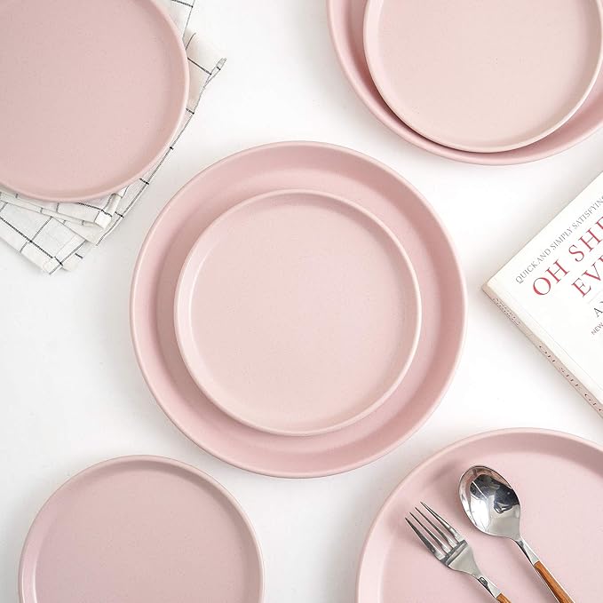 Stone Lain Albie Stoneware 16-Piece Modern Dinnerware Set, Kitchen Plates and Bowls Sets, Dish Set for 4, Pink
