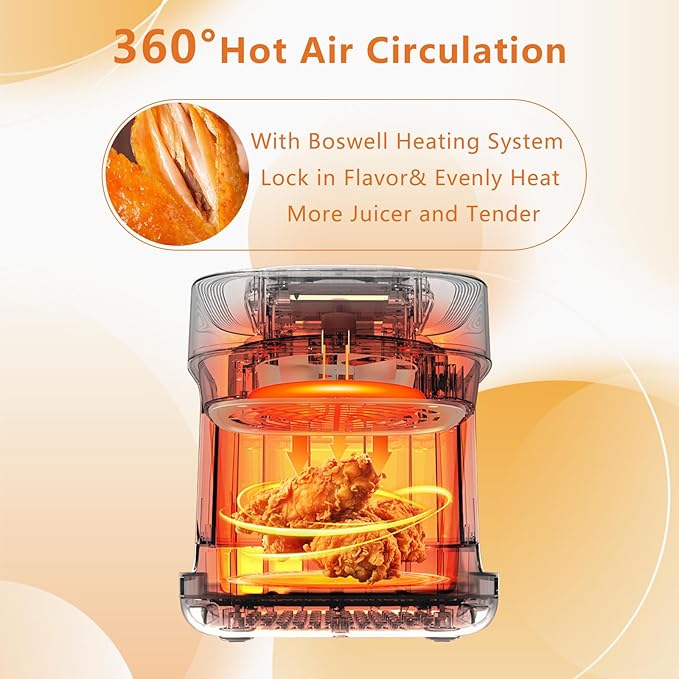 BOSWELL Glass Air Fryer, 7.5QT with Transparent Fry Bowl, Circulating Heating, Temperature Control, Air Fryer Roast, Dishwasher Safe (white)