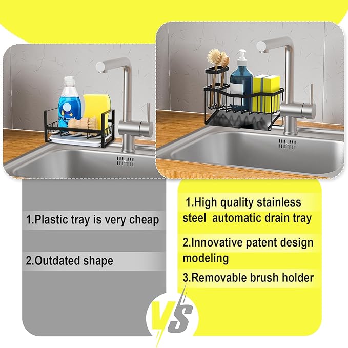 Maifan Sink Caddy Sponge Holder for Kitchen with Brush Holder and Stainless Steel Self Drain Tray, Rustproof Kitchen Sink Organizer for Sponge, Soap Dispenser Storage Accessories
