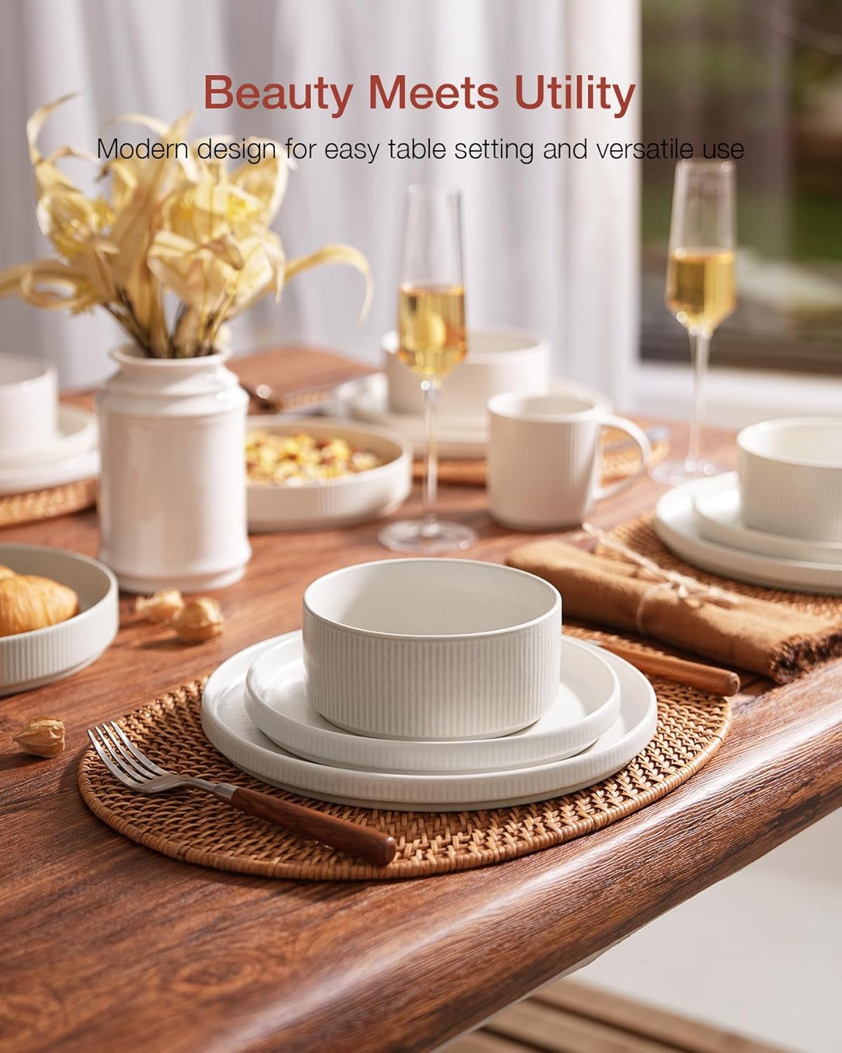 Famiware Star Dinnerware Set with Mugs, Service for 4 (16pcs), Ribbed Stoneware Plates and Bowls Dishes Sets - Chip & Scratch Resistant, Microwave & Dishwasher Safe, Matte White