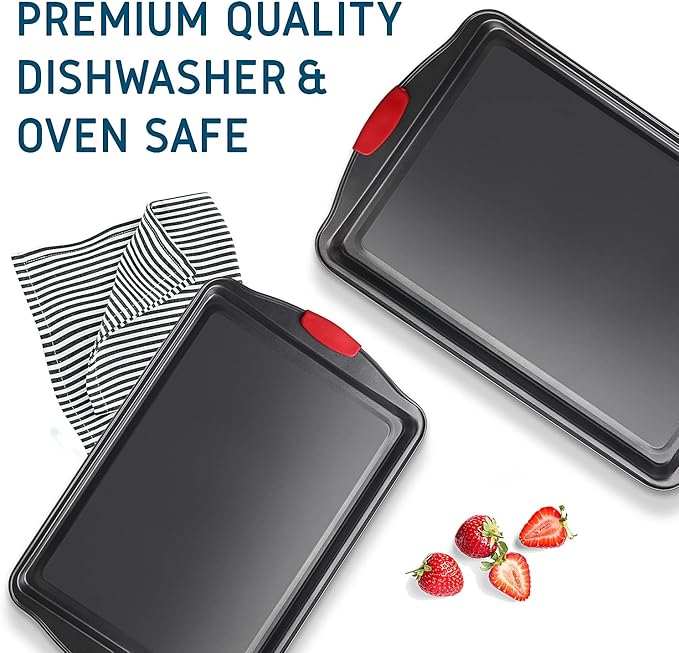Baking Sheet Set, 2-Piece Cookie Sheet Set with Silicone Handles, Steel Baking Pan, Durable Baking Sheets for Oven, BPA Free Cookie Sheets for Baking Nonstick Set, Premium Sheet Pan, Black Baking Tray