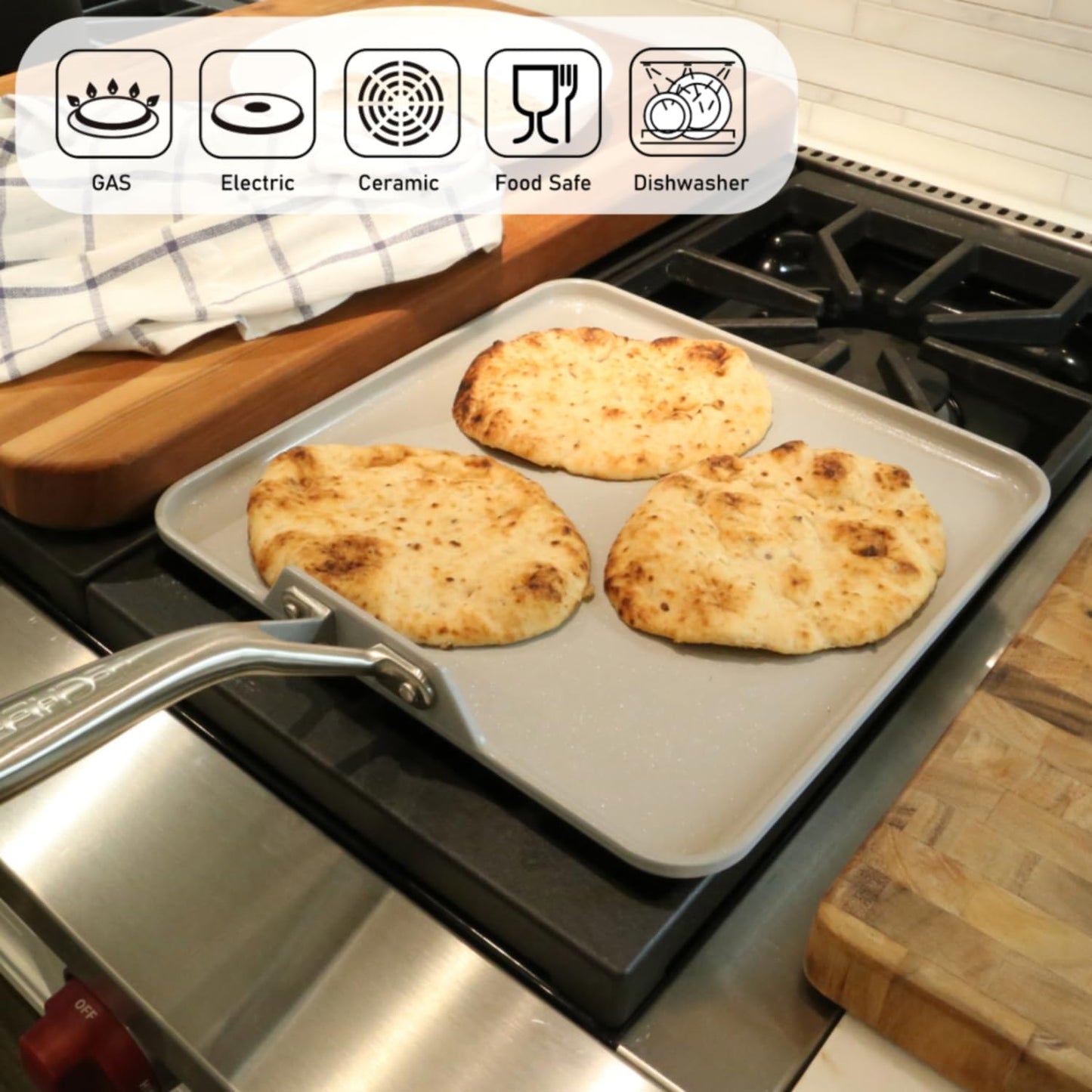TECHEF - CeraTerra Ceramic Nonstick Square Griddle Pan (PTFE and PFOA Free Ceramic Exterior & Interior), Oven & Dishwasher Safe, Made in Korea, Grey/Silver (Griddle Pan)