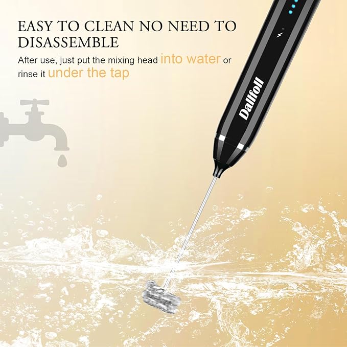 Milk Frother Handheld,Dallfoll USB Rechargeable Electric Foam Wand Maker for Coffee, 3 Speeds Mini Milk Foamer Drink Mixer with 2 Whisks for Bulletproof Coffee Frappe Latte Cappuccino Hot Chocolate