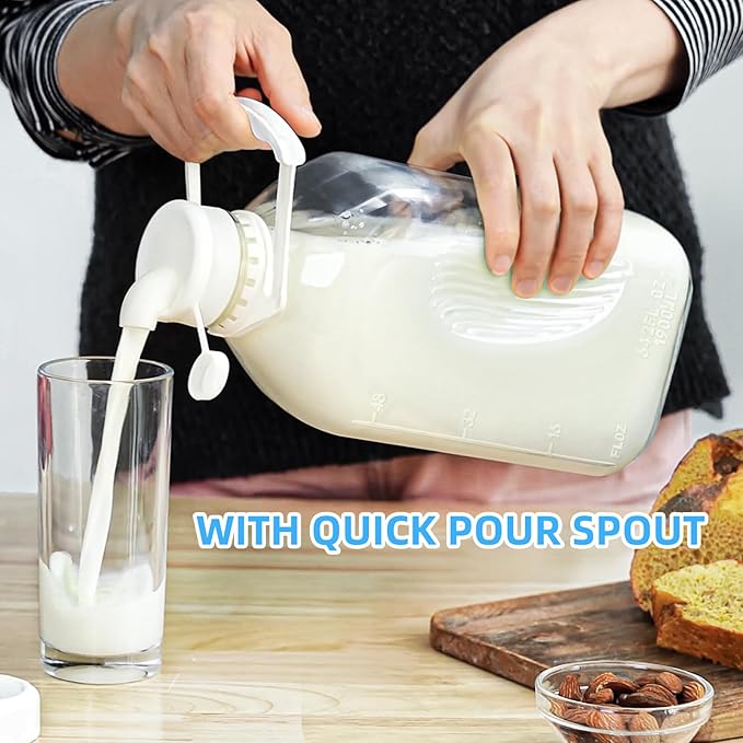 Syntic 2 Qt Glass Milk Bottle with Reusable Strong Airtight SCREW LID, 64 Oz Glass Juice Bottles for Almond Milk, Oat/Nut Milk- 0.5 Gal Water Bottle with 2 Exact Scale Lines, Extra Handle AND Cap！