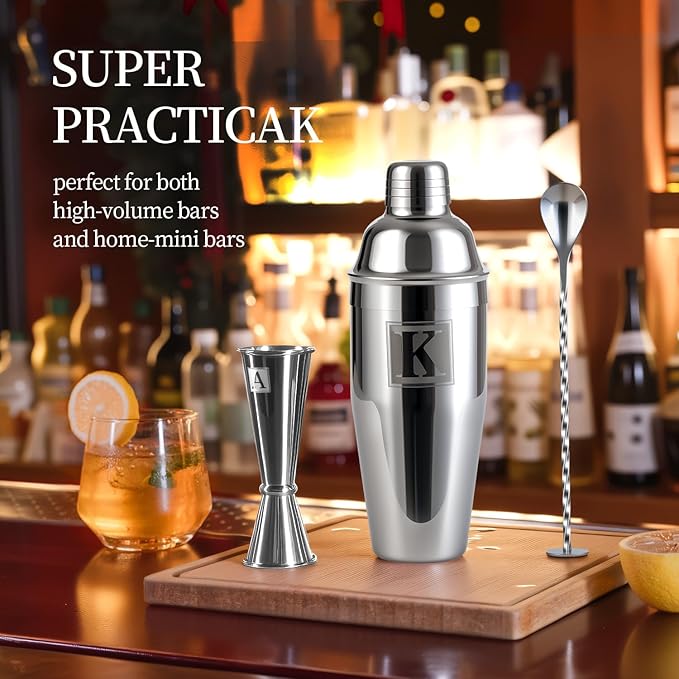 24oz Cocktail Shaker Set with 1 oz 2oz Jigger - Monogramm Initials Martini Shaker Set - 304 Stainless Steel Bar Shaker for Margarita,Mojito-Personalized Gift for Friend,Husband-P