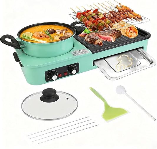 3 in 1 Electric Hot Pot with Grill Smokeless Non-Stick Pot and Griddle for Korean BBQ Grill Shabu Shabu Pot Divider Independent Dual Temperature Control for 3-5 People（1600W）